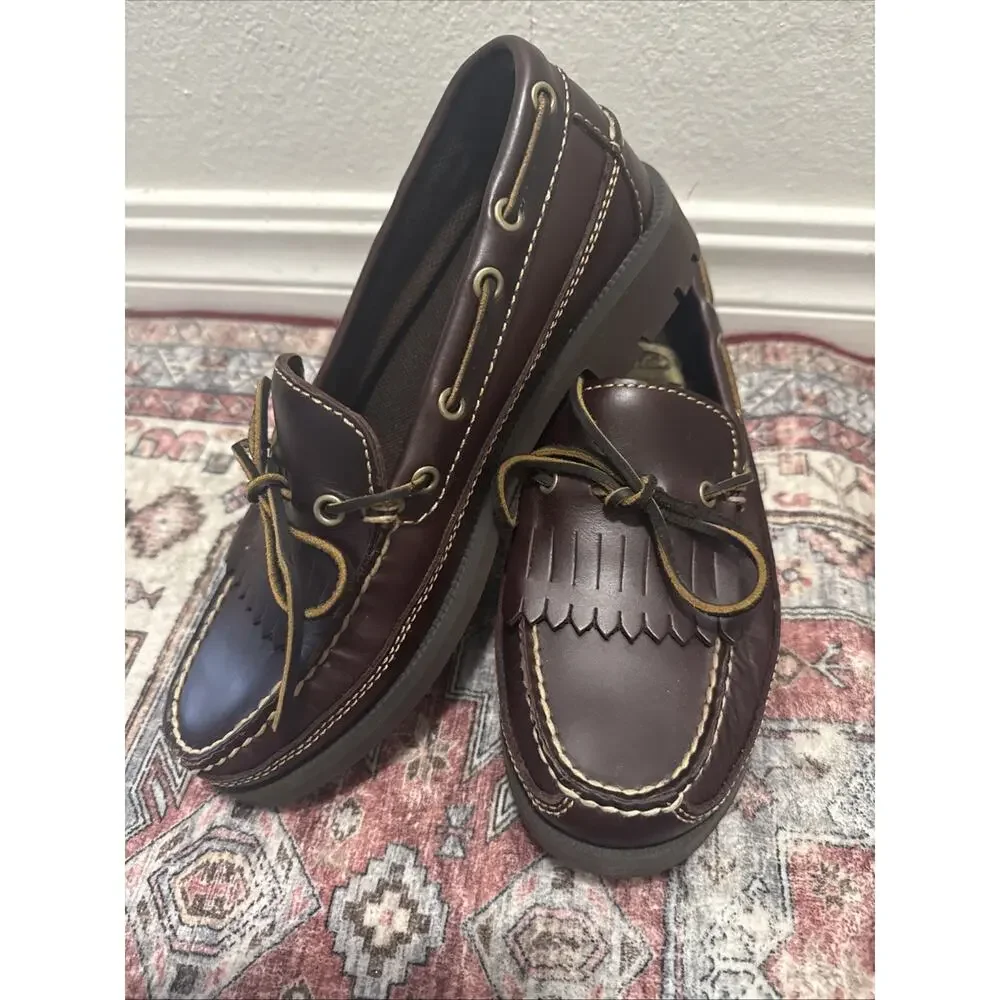 CABELA'S Brown Leather 1-Eye Vibram Sole Boat Shoes Men's‎ Sz. 7.5 D NEW